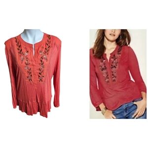 Vintage America Split neck Beaded Top Dark Orange Size XL